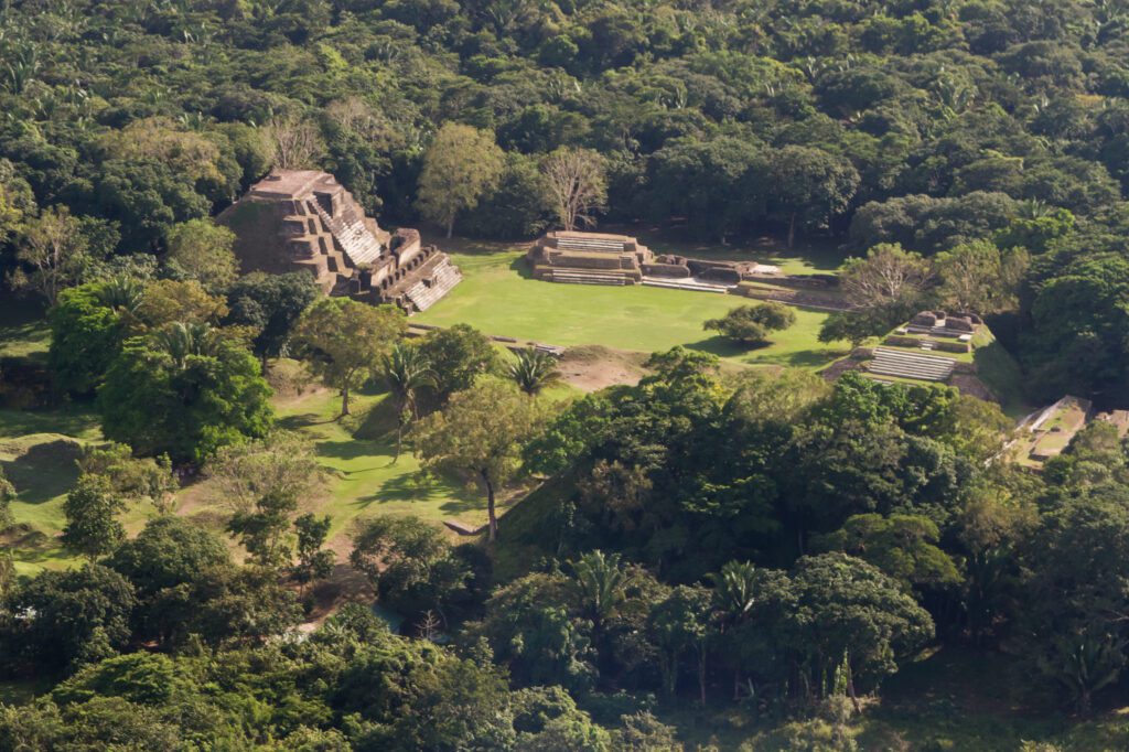 aerial view of Altun Ha, maya ruins in the tropical jungle of Belize