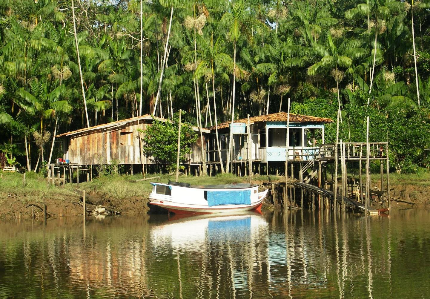 Rives du fleuve Amazone au brésil, avec petites maisons et un radeau.