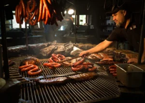 Un homme qui cuit de la viande sur un gros barbecue