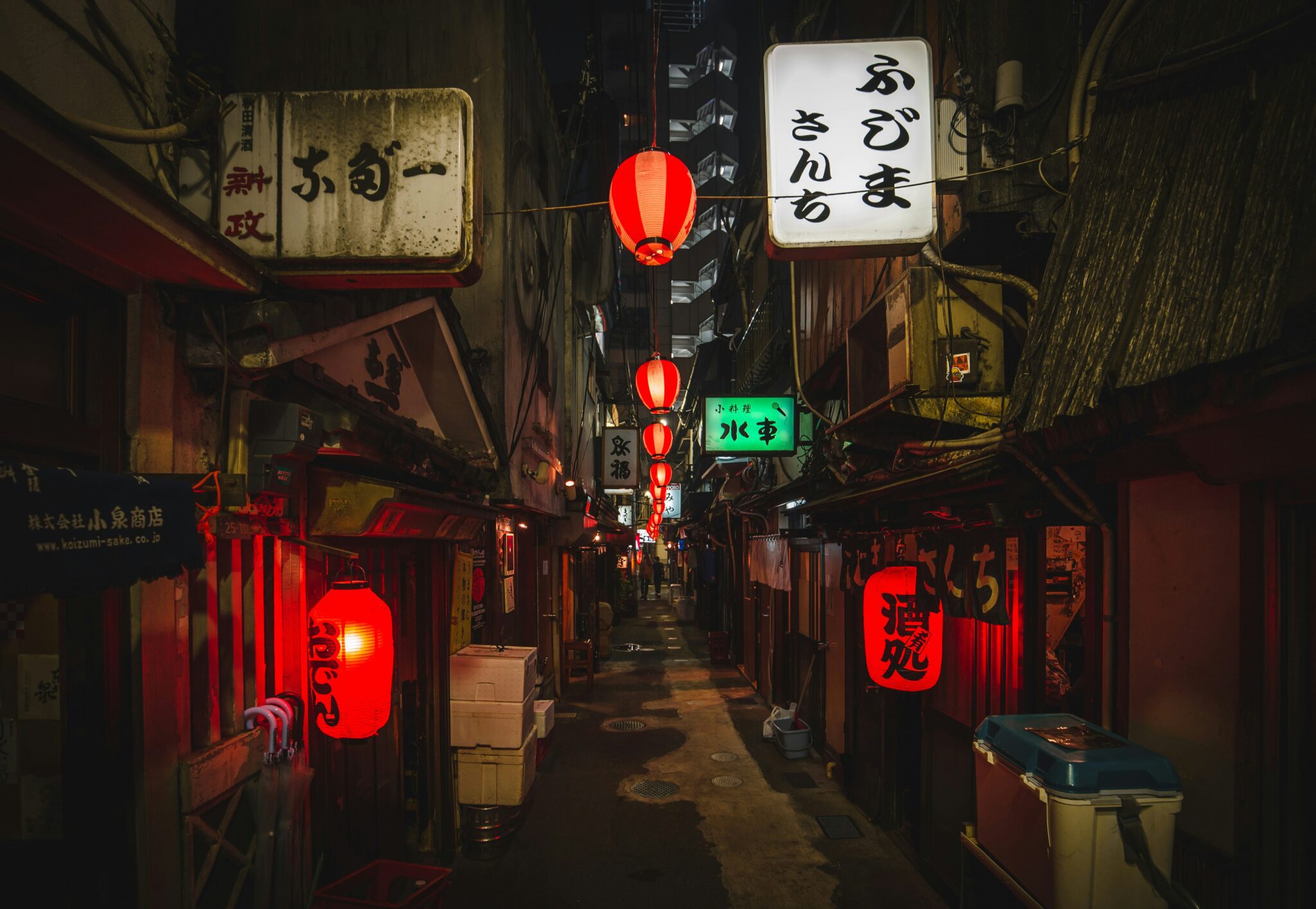 Photo de nuit d'une ruelle de Tokyo avec des restaurants illuminant l'allée.