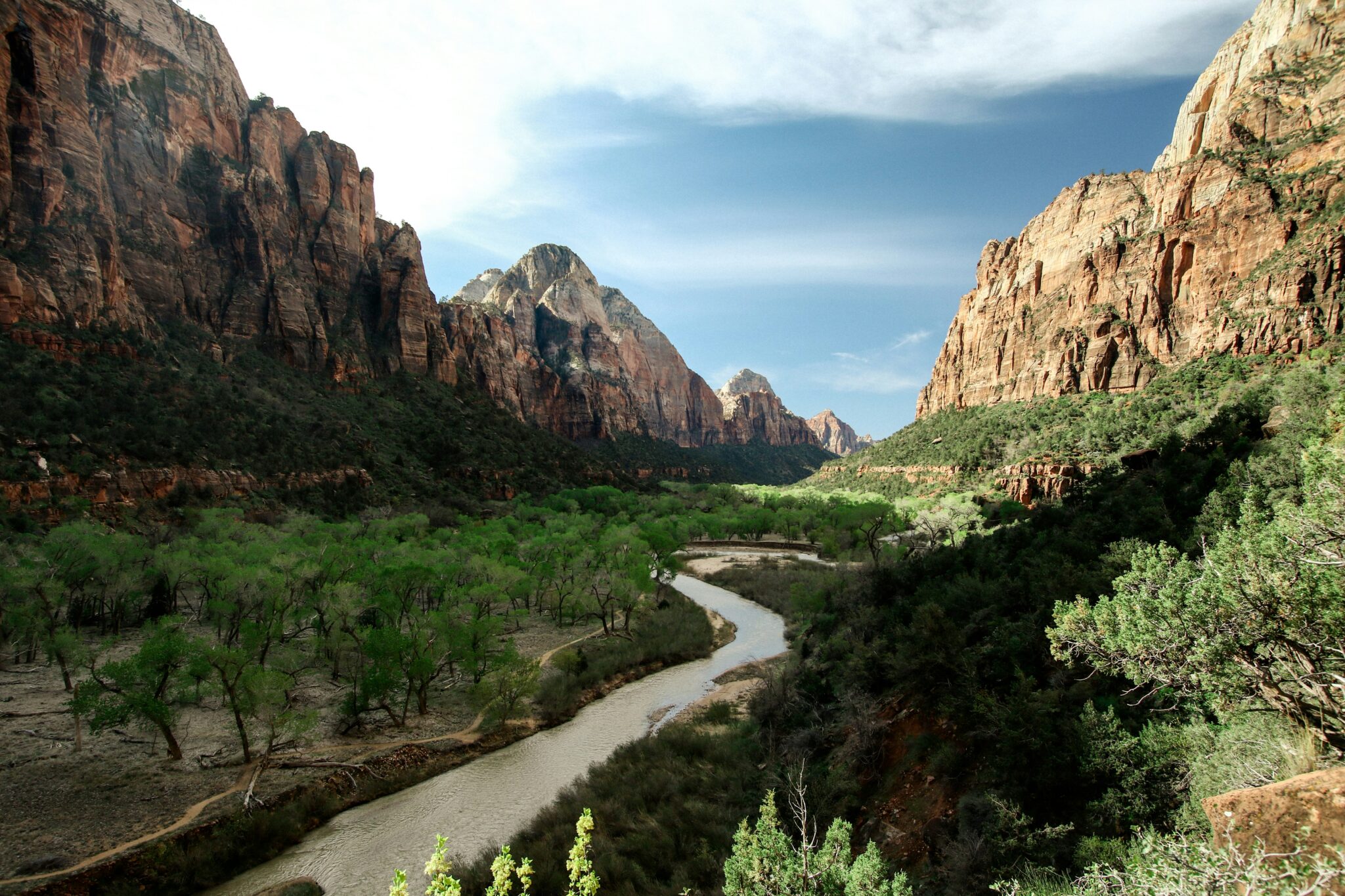 Vue du Zion National Park avec un ruisseau au centre.