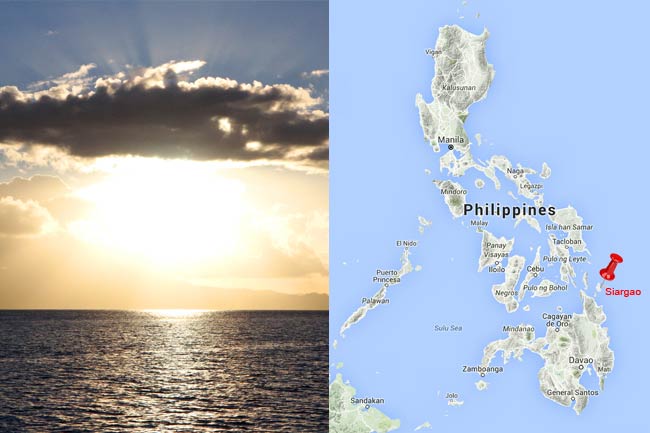 Montage de 2 photos : l'une de l'océan au couché du soleil, l'autre une carte des philippines, avec Siargao mis en avant.