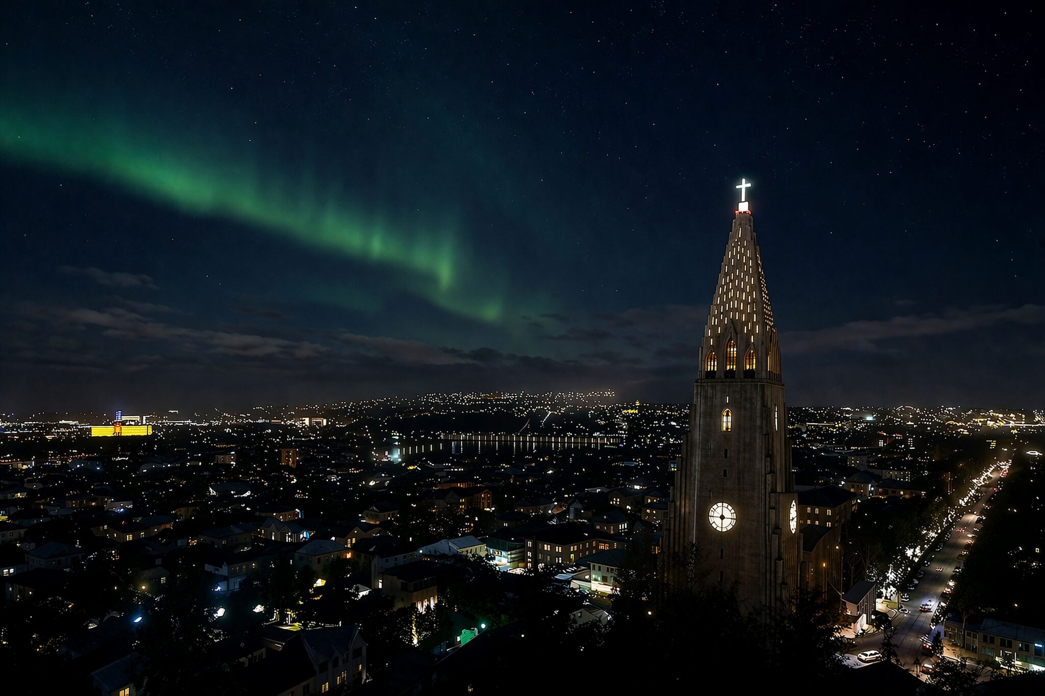 aurore boréale au dessus de Reykjavik.
