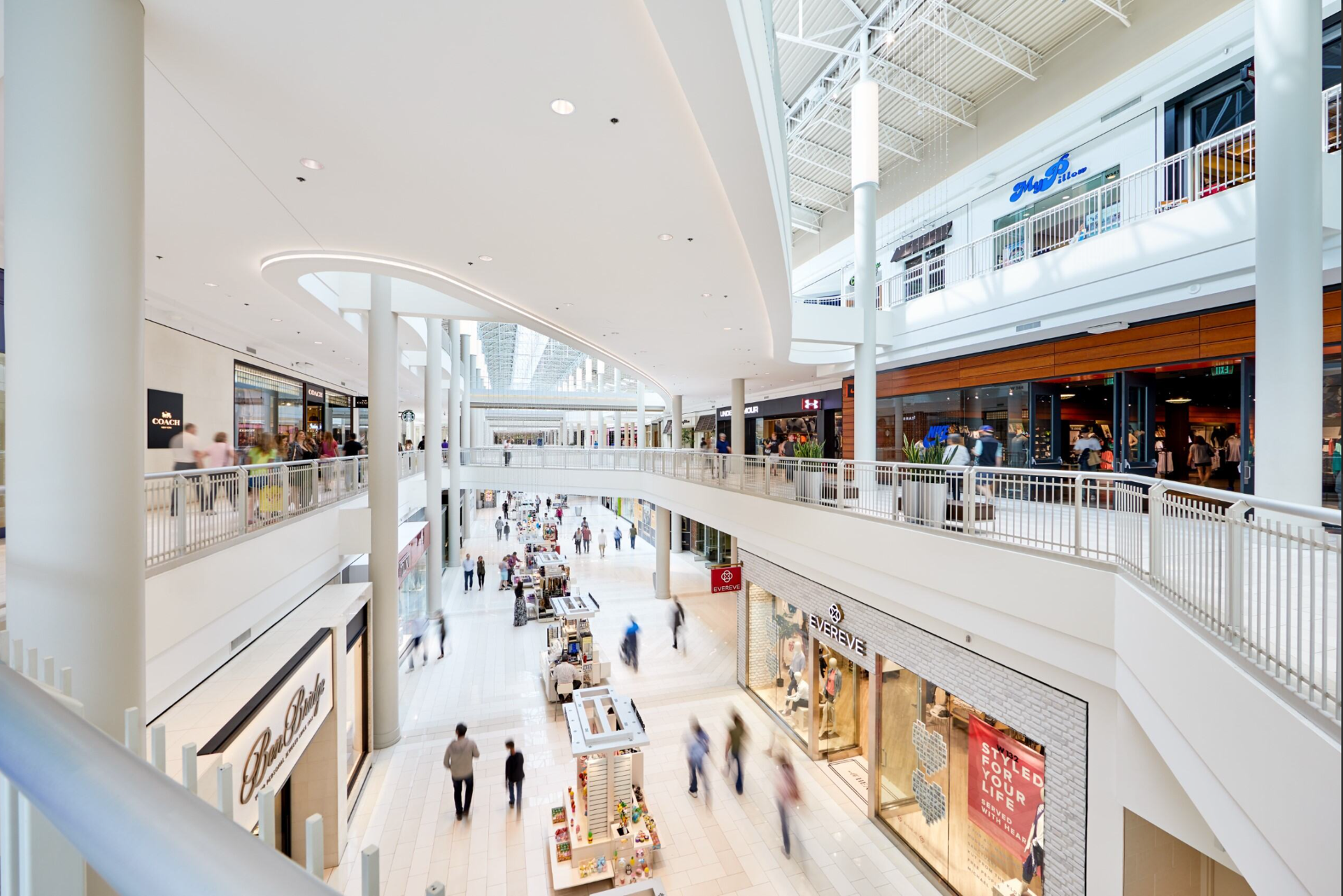 Personnes se promenant dans centre commercial sur plusieurs étages