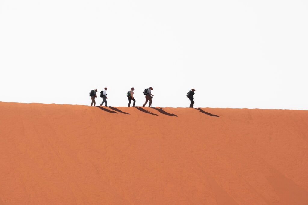 5 personnes marchant sur le haut d'une dune de sable en Namibie.