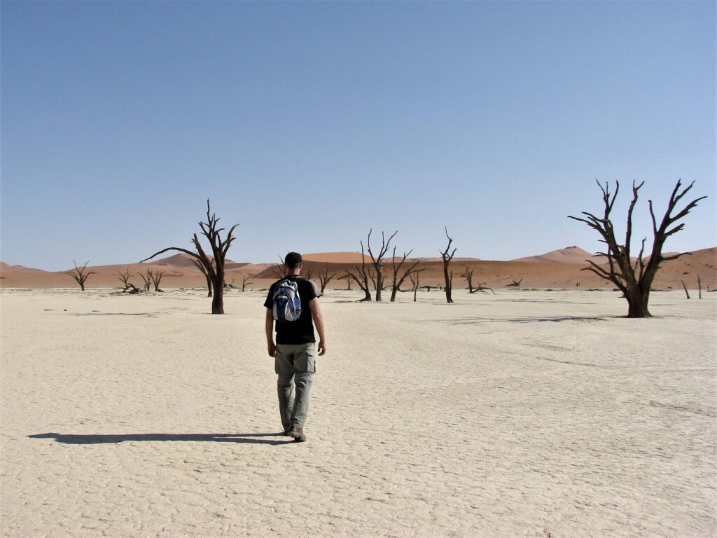 Une personne de dos marchant sur une plaine déserte en Namibie.